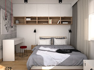 Minimalistyczna sypialnia z zabudową nad łóżkiem - Mała biała szara z biurkiem sypialnia, styl nowoczesny - zdjęcie od OES architekci