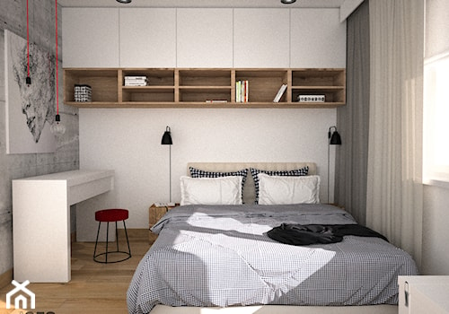Minimalistyczna sypialnia z zabudową nad łóżkiem - Mała biała szara z biurkiem sypialnia, styl nowoczesny - zdjęcie od OES architekci