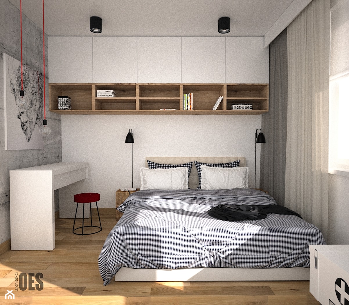Minimalistyczna sypialnia z zabudową nad łóżkiem - Mała biała szara z biurkiem sypialnia, styl nowoczesny - zdjęcie od OES architekci - Homebook