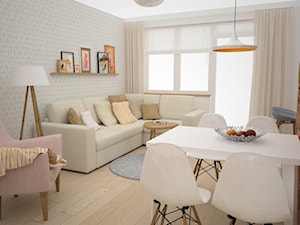 Kuchnia w stylu skandynawskim - Mały biały szary salon z jadalnią, styl skandynawski - zdjęcie od OES architekci