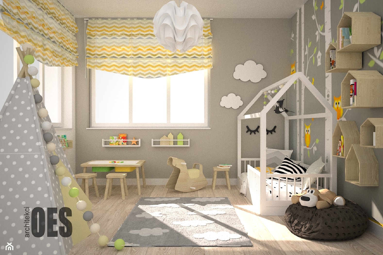 Szaro żółty pokój dla dziecka - Średni szary pokój dziecka dla dziecka dla chłopca dla dziewczynki, ... - zdjęcie od OES architekci - Homebook