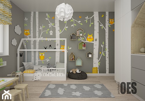 Szaro żółty pokój dla dziecka - Średni szary pokój dziecka dla dziecka dla chłopca dla dziewczynki, styl skandynawski - zdjęcie od OES architekci