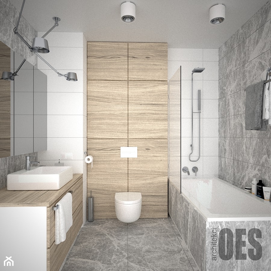 Łazienka w szarościach z drewnem - Średnia bez okna z punktowym oświetleniem łazienka, styl skandynawski - zdjęcie od OES architekci