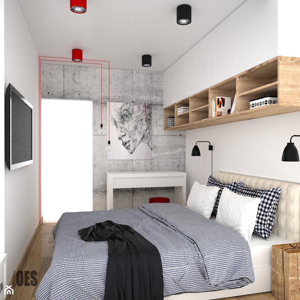 Minimalistyczna sypialnia z zabudową nad łóżkiem - Sypialnia, styl nowoczesny - zdjęcie od OES architekci - Homebook