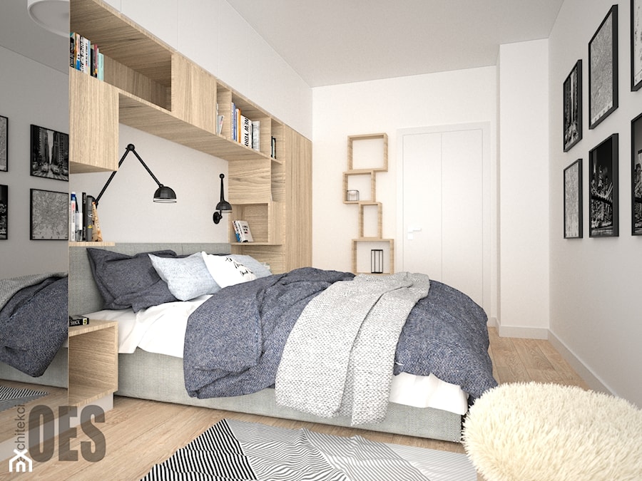 Sypialnia z miejscem na książki - Średnia biała sypialnia, styl skandynawski - zdjęcie od OES architekci