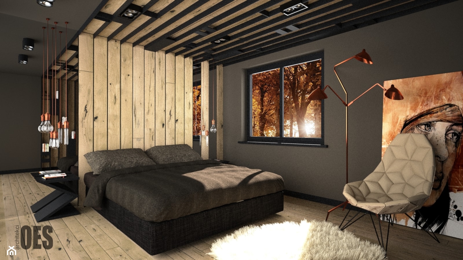 Miedź i drewno w sypialni - Średnia szara sypialnia, styl nowoczesny - zdjęcie od OES architekci - Homebook