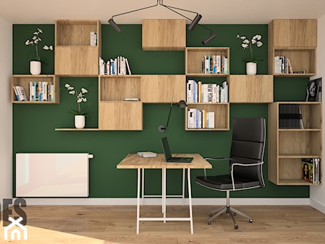 Aranżacje wnętrz - Biuro: Pokój biurowy - Średnie w osobnym pomieszczeniu białe zielone biuro, styl nowoczesny - OES architekci. Przeglądaj, dodawaj i zapisuj najlepsze zdjęcia, pomysły i inspiracje designerskie. W bazie mamy już prawie milion fotografii!