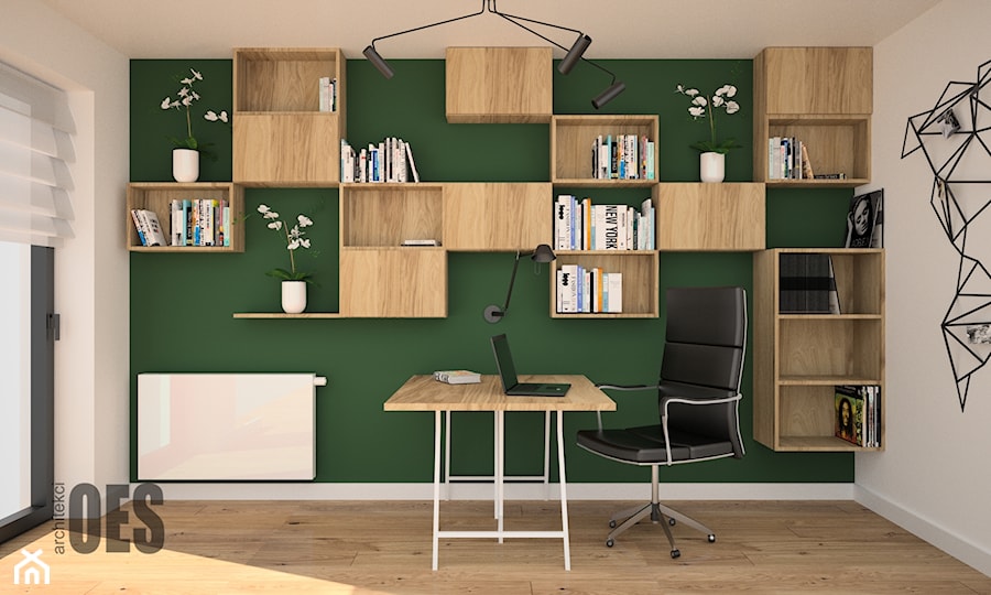 Pokój biurowy - Średnie w osobnym pomieszczeniu białe zielone biuro, styl nowoczesny - zdjęcie od OES architekci