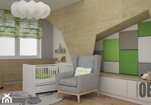Zieleń w pokoju dziecka - Mały szary pokój dziecka dla niemowlaka dla chłopca dla dziewczynki, styl nowoczesny - zdjęcie od OES architekci