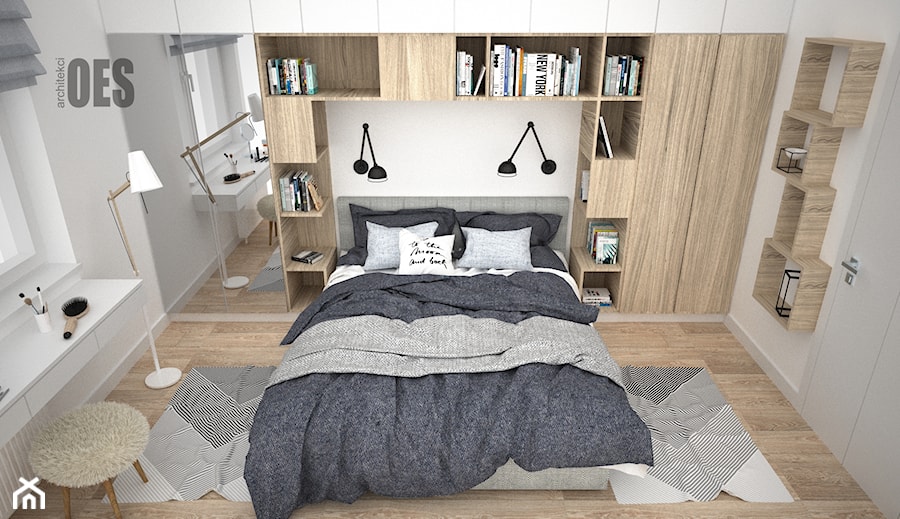 Sypialnia z miejscem na książki - Średnia biała z biurkiem sypialnia, styl skandynawski - zdjęcie od OES architekci