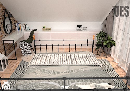 Tapeta las w sypialni - Średnia beżowa biała sypialnia na poddaszu, styl industrialny - zdjęcie od OES architekci