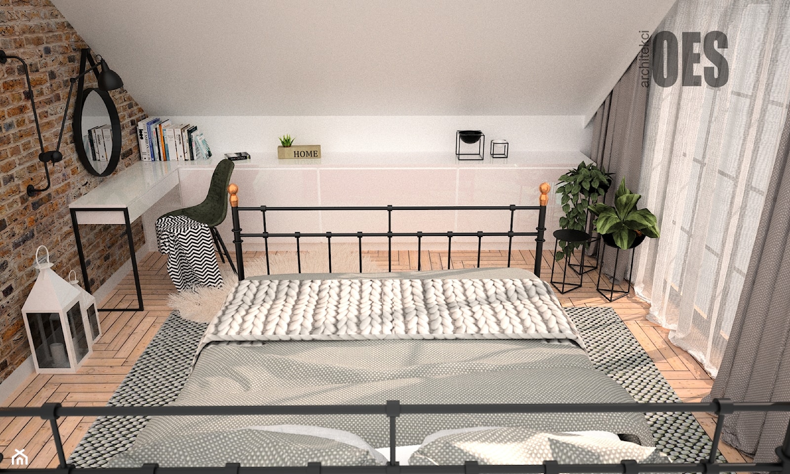 Tapeta las w sypialni - Średnia beżowa biała sypialnia na poddaszu, styl industrialny - zdjęcie od OES architekci - Homebook