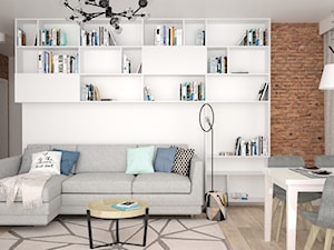 Salon z miejscem na książki - Średni biały brązowy salon z jadalnią, styl skandynawski - zdjęcie od OES architekci