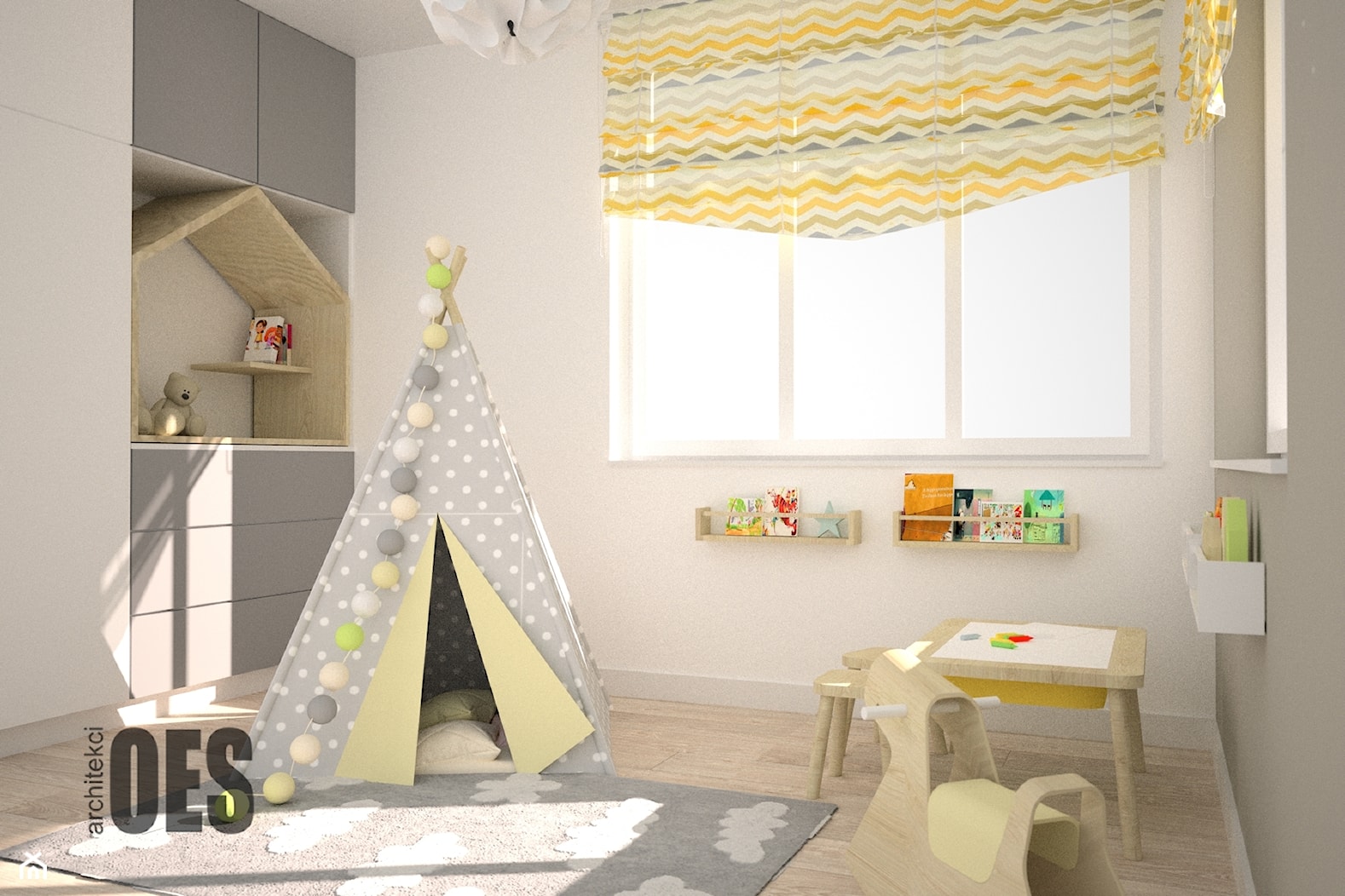 Szaro żółty pokój dla dziecka - Średni biały szary pokój dziecka dla dziecka dla chłopca dla dziewczynki, styl skandynawski - zdjęcie od OES architekci - Homebook