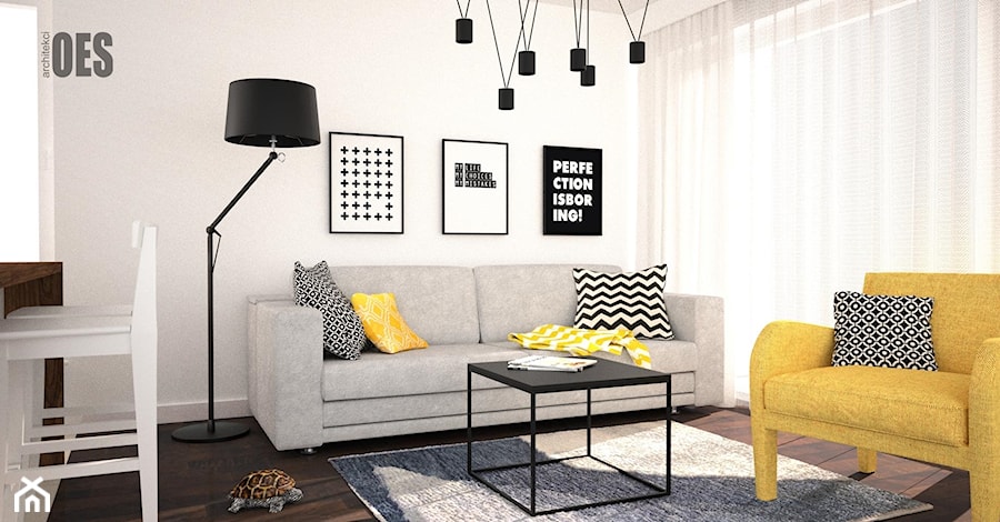 Salon z żółtymi dodatkami - Średni biały salon, styl skandynawski - zdjęcie od OES architekci