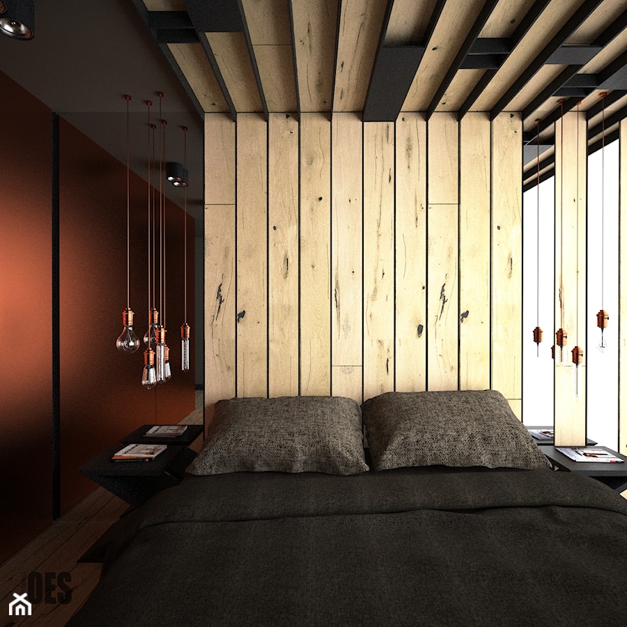 Miedź i drewno w sypialni - Średnia czerwona sypialnia, styl nowoczesny - zdjęcie od OES architekci