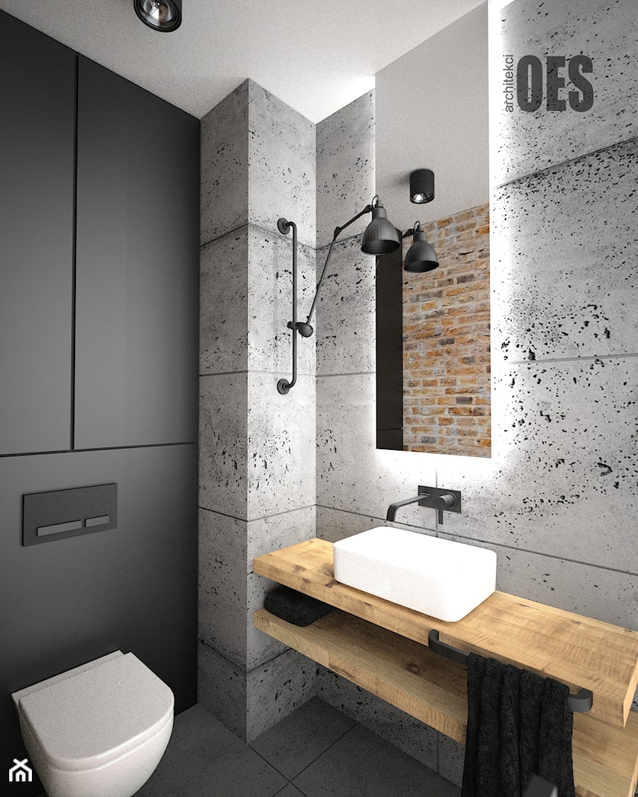 Surowa betonowa łazienka - Mała bez okna z lustrem z punktowym oświetleniem łazienka, styl nowoczesny - zdjęcie od OES architekci