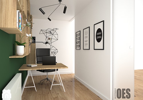 Pokój biurowy - Małe białe zielone biuro, styl nowoczesny - zdjęcie od OES architekci