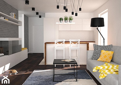 Salon z żółtymi dodatkami - Średni biały szary salon z kuchnią z jadalnią, styl skandynawski - zdjęcie od OES architekci