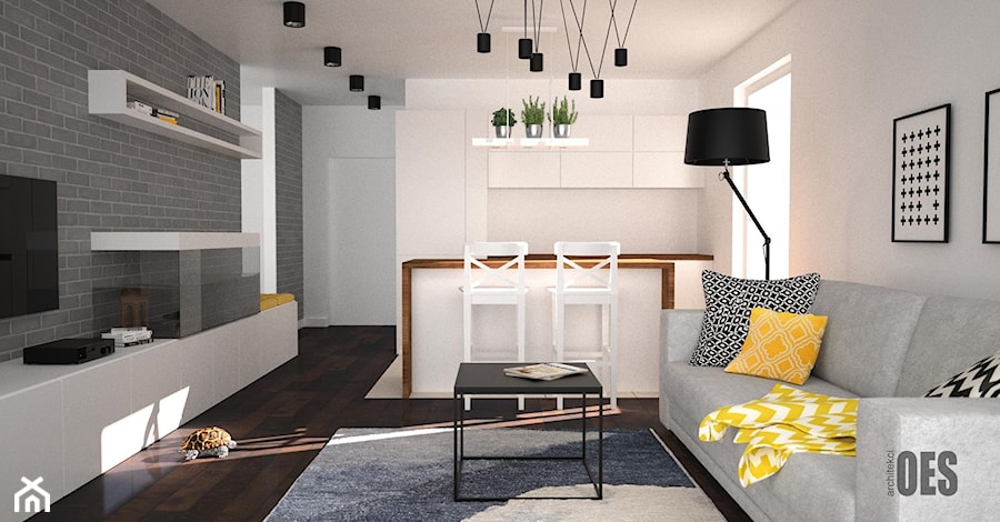Salon z żółtymi dodatkami - Średni biały szary salon z kuchnią z jadalnią, styl skandynawski - zdjęcie od OES architekci