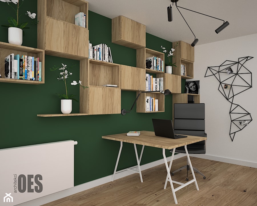 Pokój biurowy - Średnie białe zielone biuro, styl nowoczesny - zdjęcie od OES architekci