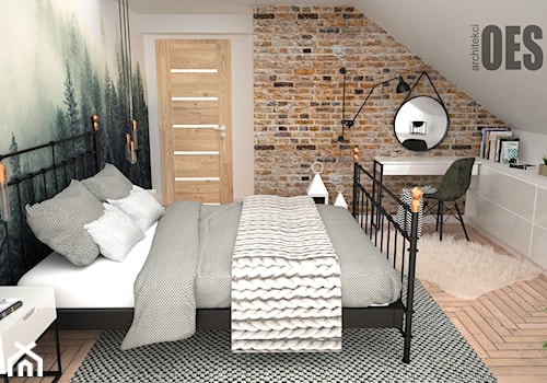 Tapeta las w sypialni - Średnia beżowa biała z biurkiem sypialnia na poddaszu, styl industrialny - zdjęcie od OES architekci