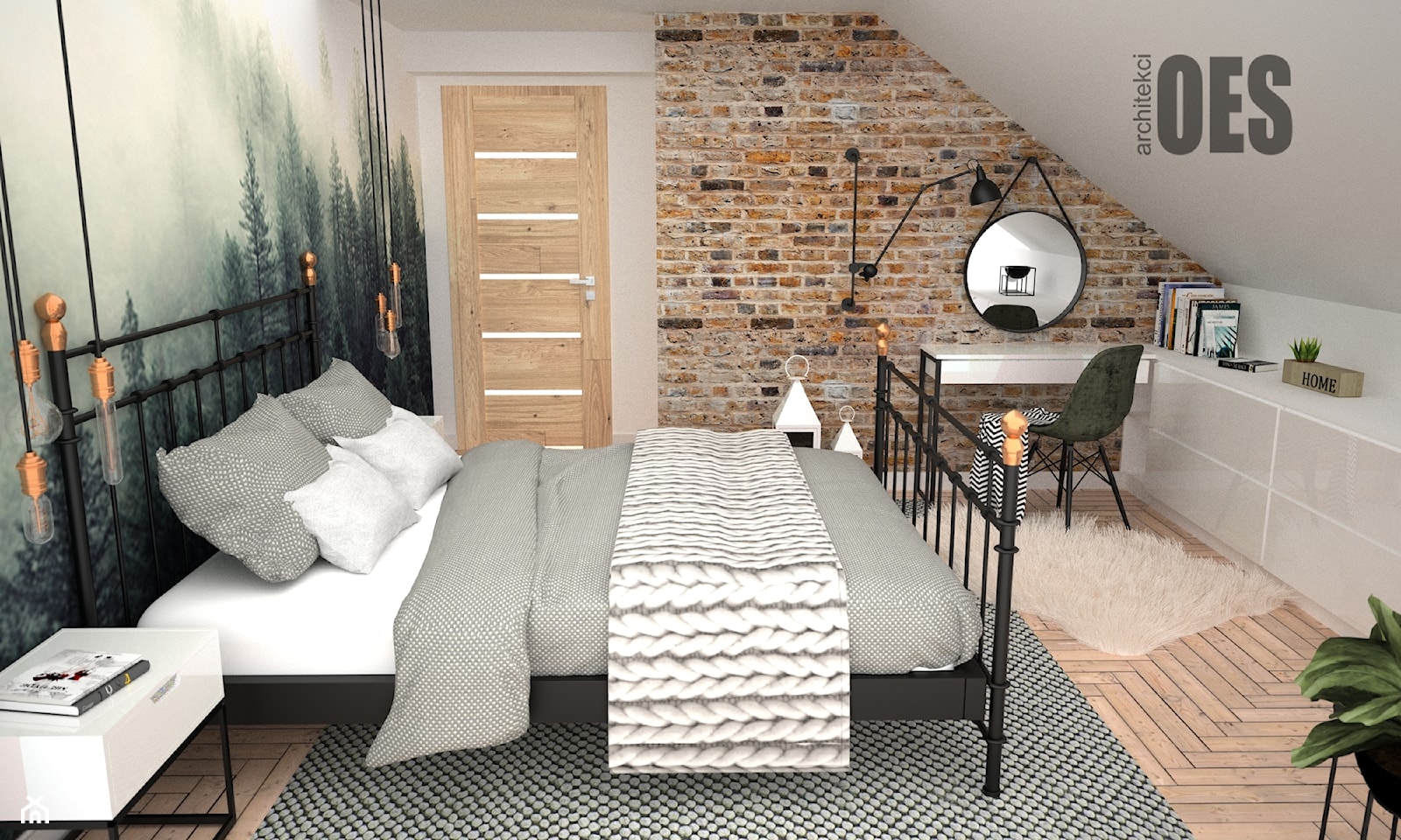 Tapeta las w sypialni - Średnia beżowa biała z biurkiem sypialnia na poddaszu, styl industrialny - zdjęcie od OES architekci - Homebook