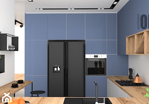 Niebieska kuchnia - Średnia otwarta z salonem biała z zabudowaną lodówką z nablatowym zlewozmywakiem kuchnia w kształcie litery g, styl nowoczesny - zdjęcie od OES architekci
