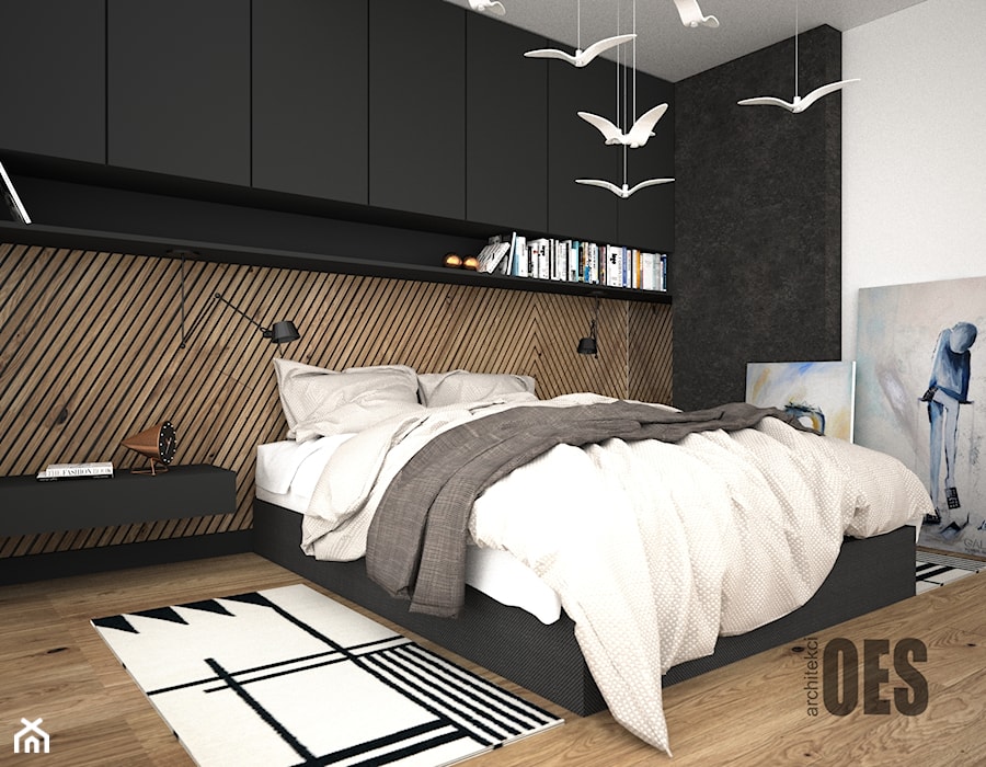 Drewno za łóżkiem w sypialni - Sypialnia, styl nowoczesny - zdjęcie od OES architekci
