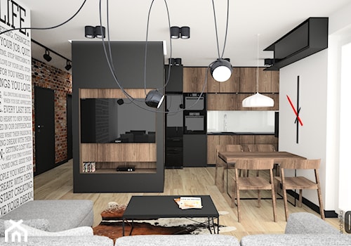 Motyw cegły we wnętrzu - Średni biały czarny salon z kuchnią z jadalnią, styl nowoczesny - zdjęcie od OES architekci