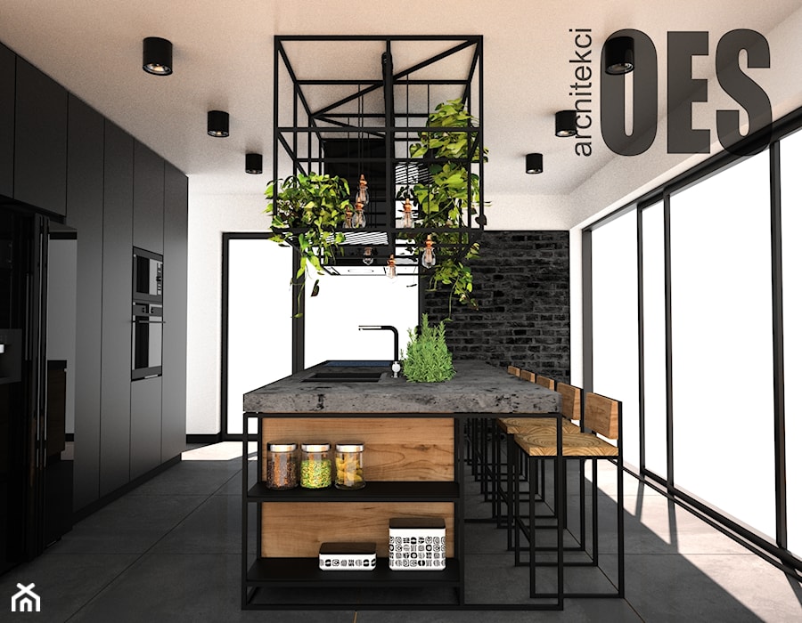 Czarna kuchnia z wyspą loft - Kuchnia, styl industrialny - zdjęcie od OES architekci