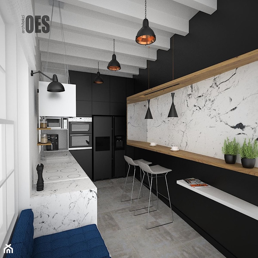 Czarno biała zabudowa kuchni z siedziskiem pod oknem - Kuchnia, styl nowoczesny - zdjęcie od OES architekci