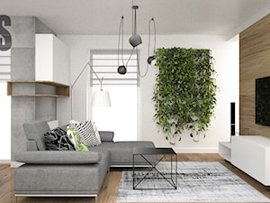 Beton, drewno i zieleń w salonie - Średni szary biały salon z jadalnią, styl nowoczesny - zdjęcie od OES architekci
