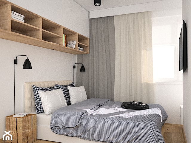 Minimalistyczna sypialnia z zabudową nad łóżkiem