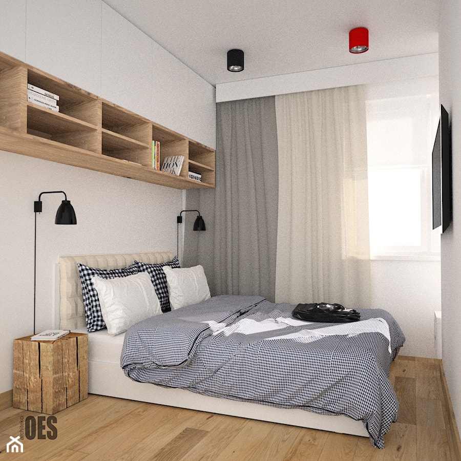 Minimalistyczna sypialnia z zabudową nad łóżkiem - Mała biała sypialnia, styl nowoczesny - zdjęcie od OES architekci