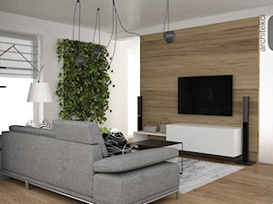 Beton, drewno i zieleń w salonie - Mały szary biały salon, styl nowoczesny - zdjęcie od OES architekci