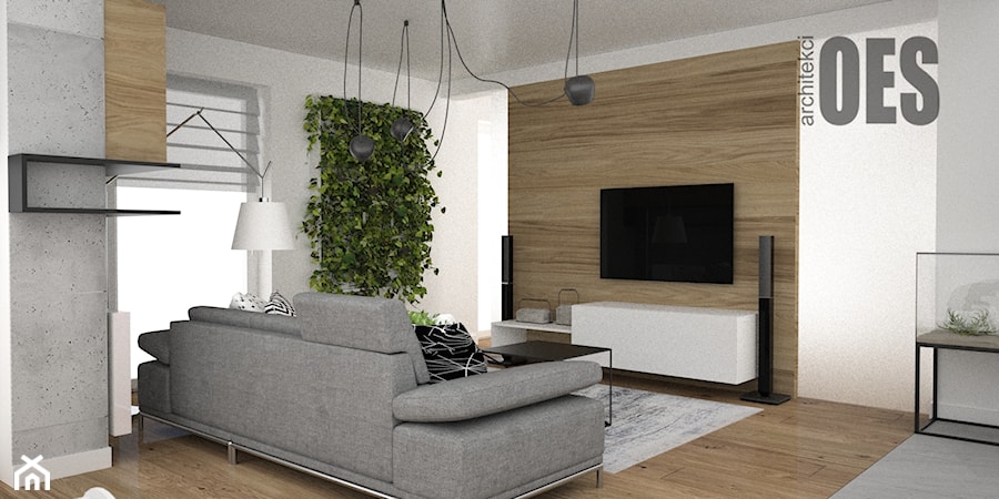 Beton, drewno i zieleń w salonie - Mały biały szary salon, styl nowoczesny - zdjęcie od OES architekci