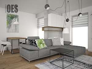 Beton, drewno i zieleń w salonie - Mały biały salon z jadalnią, styl nowoczesny - zdjęcie od OES architekci