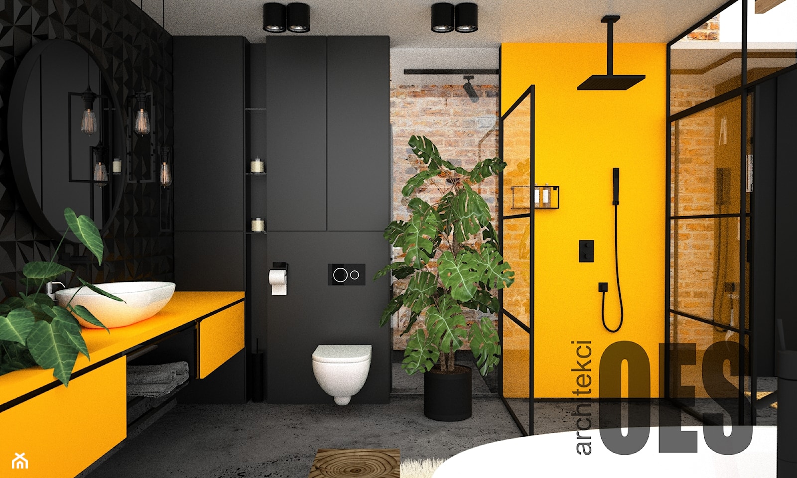 Czarno żółta łazienka - Łazienka, styl industrialny - zdjęcie od OES architekci - Homebook