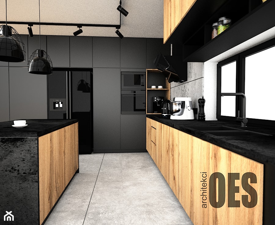 Czarna kuchnia loft - Kuchnia, styl industrialny - zdjęcie od OES architekci