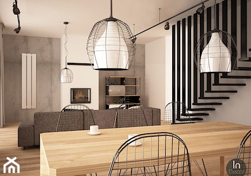 Projekt salonu i kuchni - Średnia szara jadalnia w salonie, styl industrialny - zdjęcie od InDecor