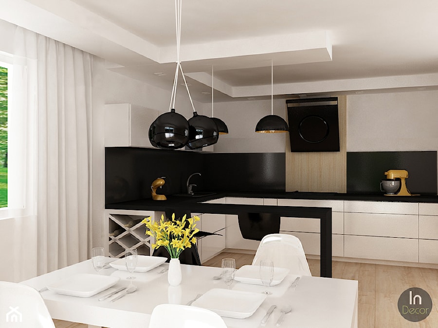 Projekt domu jednorodzinnego - Duża otwarta biała czarna z zabudowaną lodówką z podblatowym zlewozmywakiem kuchnia w kształcie litery l z kompozytem na ścianie nad blatem kuchennym, styl nowoczesny - zdjęcie od InDecor