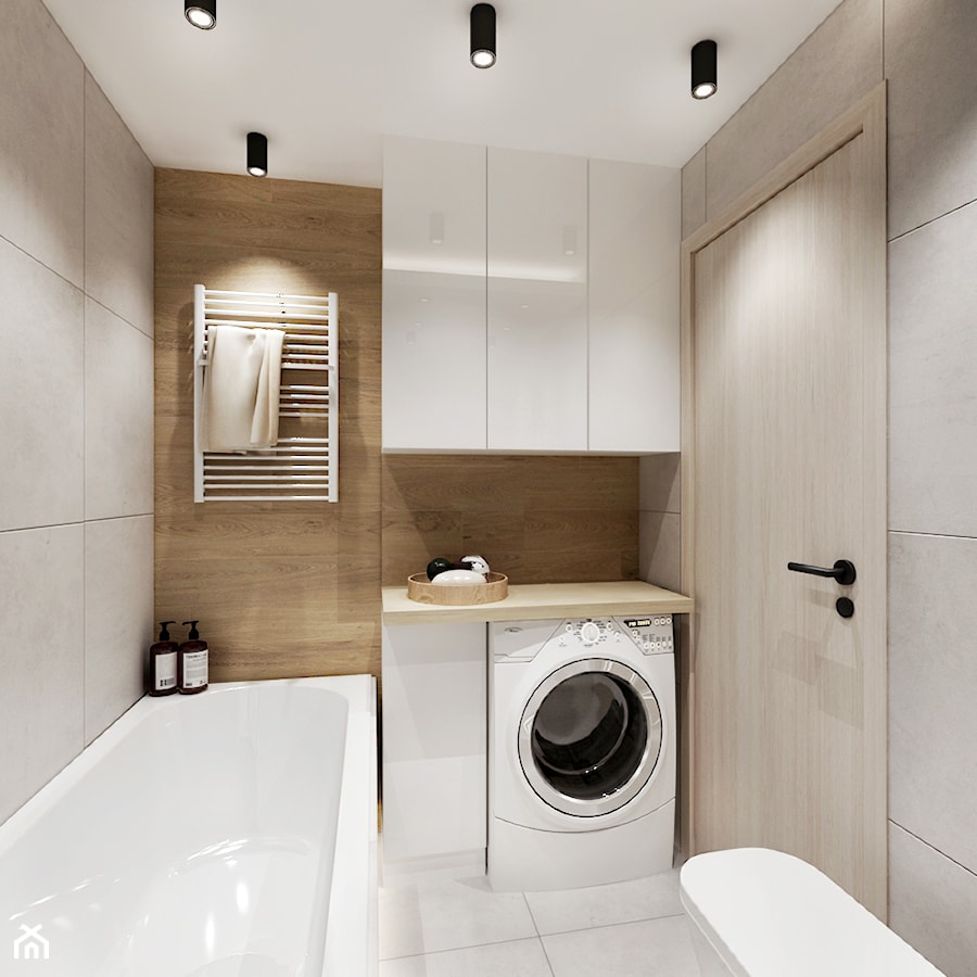 Mieszkanie 50 m2 - Mała bez okna z pralką / suszarką z punktowym oświetleniem łazienka, styl nowoczesny - zdjęcie od All Design Agnieszka Lorenc