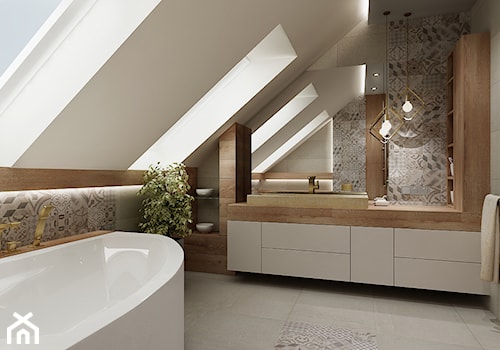 Łazienka ze skosami - Średnia na poddaszu z dwoma umywalkami z punktowym oświetleniem łazienka z oknem, styl nowoczesny - zdjęcie od All Design Agnieszka Lorenc
