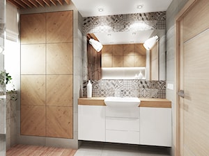 Projekt łazienki z drewnem - Średnia z lustrem z punktowym oświetleniem łazienka z oknem, styl now ... - zdjęcie od All Design Agnieszka Lorenc