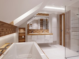 łazienka krem i drewno - Średnia na poddaszu z dwoma umywalkami z punktowym oświetleniem łazienka z ... - zdjęcie od All Design Agnieszka Lorenc