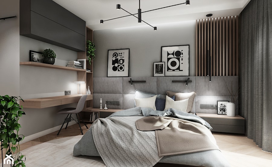 Mieszkanie Poznań - Duża beżowa szara z biurkiem sypialnia, styl nowoczesny - zdjęcie od All Design Agnieszka Lorenc