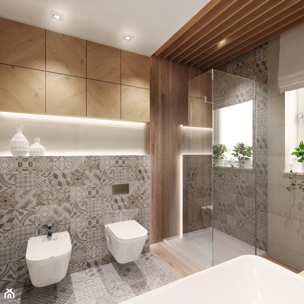 Projekt łazienki z drewnem - Średnia z punktowym oświetleniem łazienka z oknem, styl nowoczesny - zdjęcie od All Design Agnieszka Lorenc - Homebook