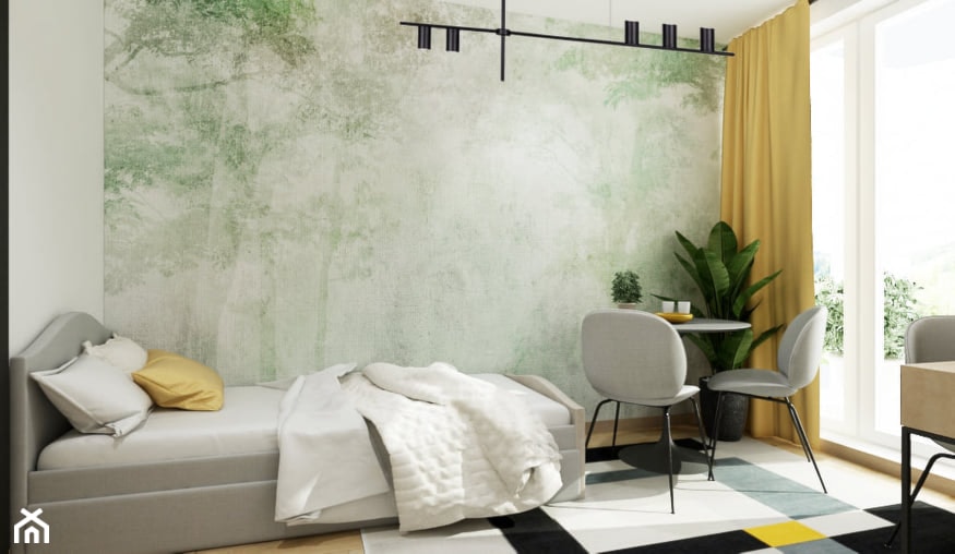 Mieszkanie dla studentki w Krakowie - Średnia beżowa biała zielona z biurkiem sypialnia z balkonem / tarasem, styl nowoczesny - zdjęcie od All Design Agnieszka Lorenc