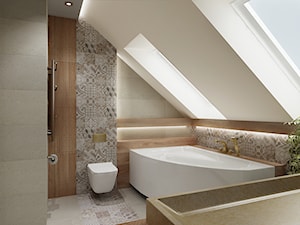 Łazienka ze skosami - Średnia na poddaszu z dwoma umywalkami z punktowym oświetleniem łazienka z ok ... - zdjęcie od All Design Agnieszka Lorenc